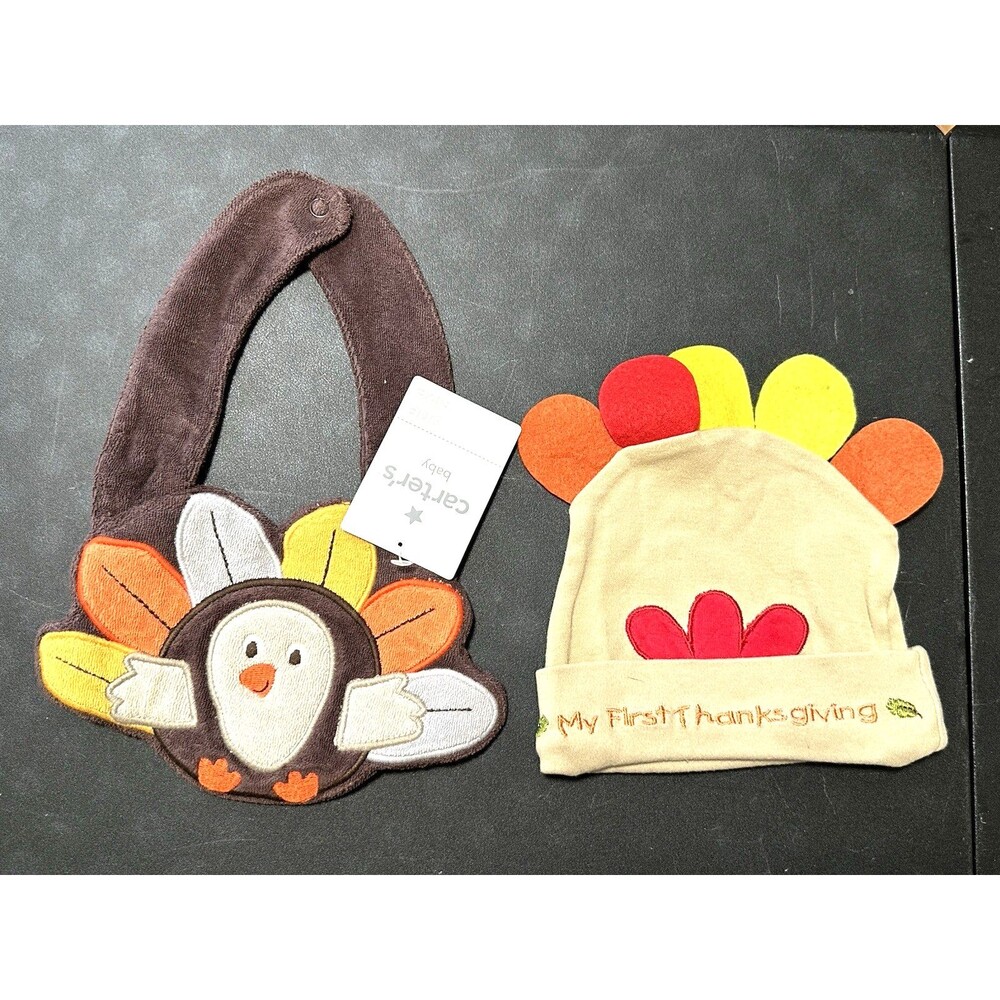 My 1st Thanksgiving Bib & Turkey Hat / Beanie Carter's Baby Unisex NEW